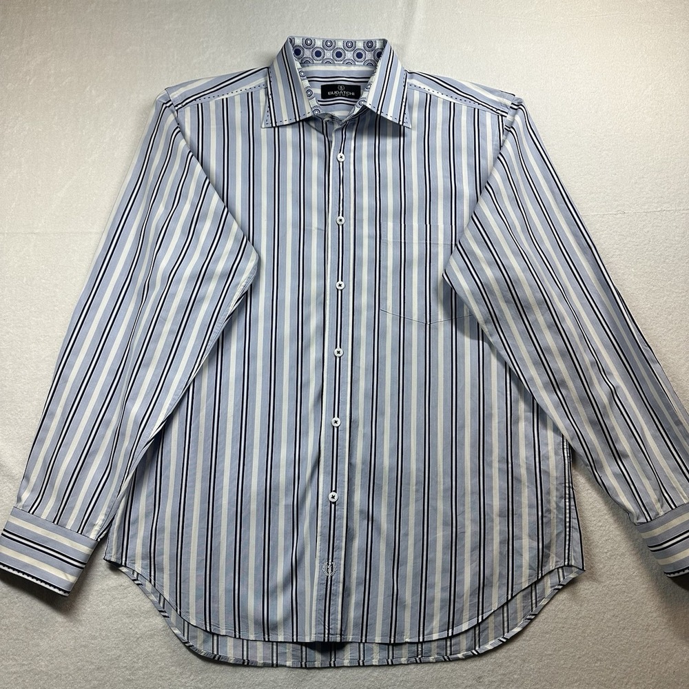Bugatchi Uomo Mens L Blue White Striped Button Up Shirt Long Sleeve Dress Casual